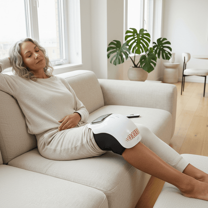 Woman relaxing on couch using Ember knee comfort device at home