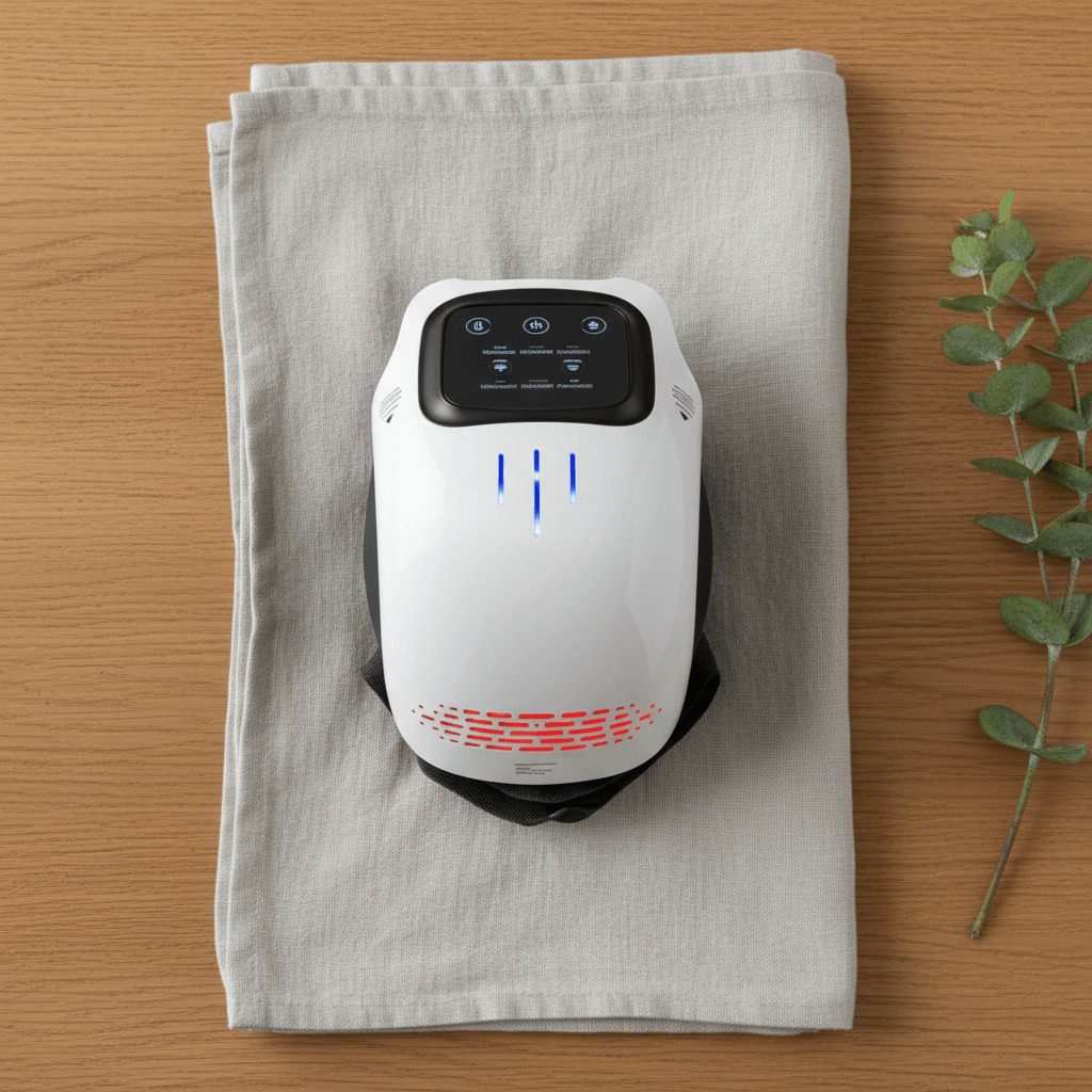 Pearl white Ember knee pain relief device, showing the digital display on a gray cloth on a wooden surface